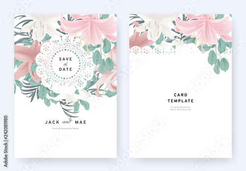 Fototapeta Naklejka Na Ścianę i Meble -  Floral wedding invitation card template design, white, pink lily flowers and leaves with lace frame on white background, pastel vintage theme