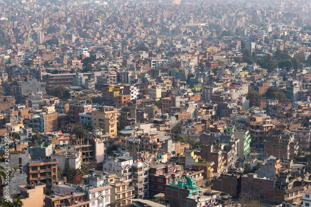 Aerial view of the dense city of Kathmandu, Nepal.