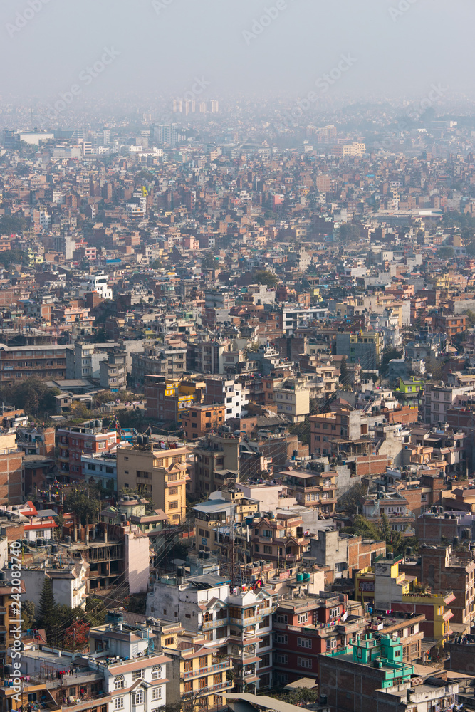 Wide cityscape view of Kathmandu, Nepal on the day time.