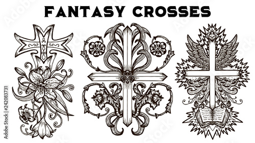 Design set with fantasy crosses with baroque pattern, flowers and wings isolated on white. Vintage vector decorative religious illustration, old gothic graphic drawings