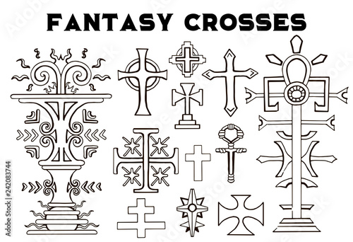 Design abstract set with black and white fantasy crosses. Vintage vector decorative religious illustration, old gothic graphic drawings