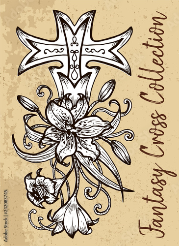 Fantasy cross with lily flower on texture background. Vintage vector decorative religious illustration, old gothic graphic drawings