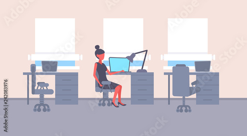 businesswoman sitting desk workplace business woman working laptop female cartoon character modern office interior flat horizontal