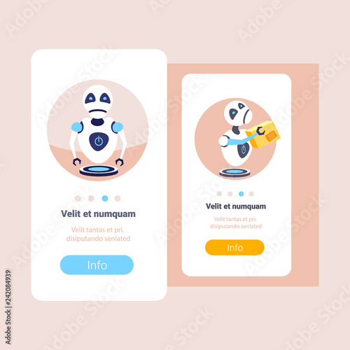 set modern courier robots express delivery service artificial intelligence technology concept humanoid robotic deliver flat copy space