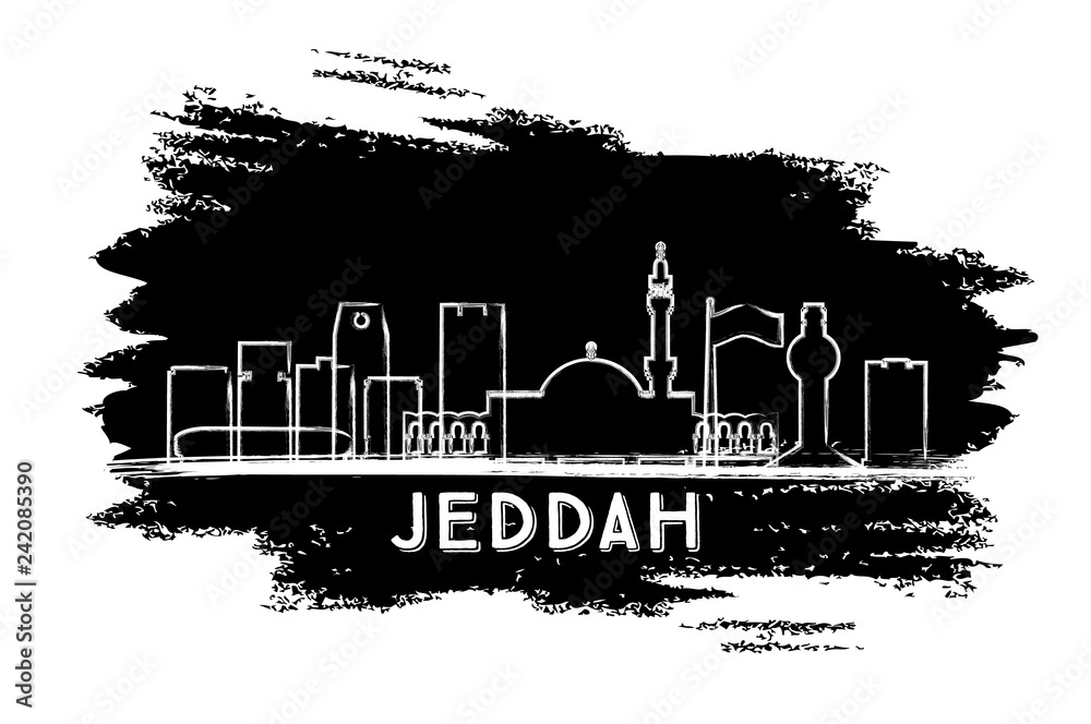 Jeddah Saudi Arabia City Skyline Silhouette. Hand Drawn Sketch.