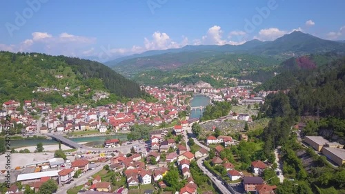 konjic city aerial closing to river