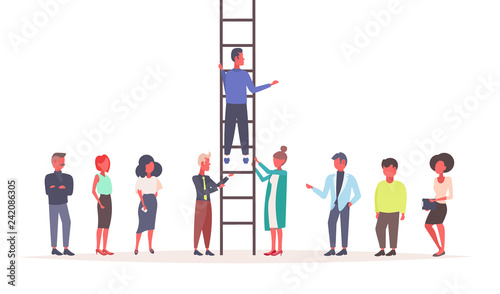business people holding staircase businessman climbing career ladder teamwork strategy leadership concept successful team cooperation flat isolated horizontal