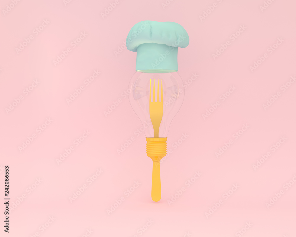 Creative idea layout made of forks with yellow light bulbs and chef hat glowing on pink color background. minimal business concept and food idea Creative idea layout made of forks with yellow light bulbs and chef hat glowing on pink color background. minimal business concept and food idea