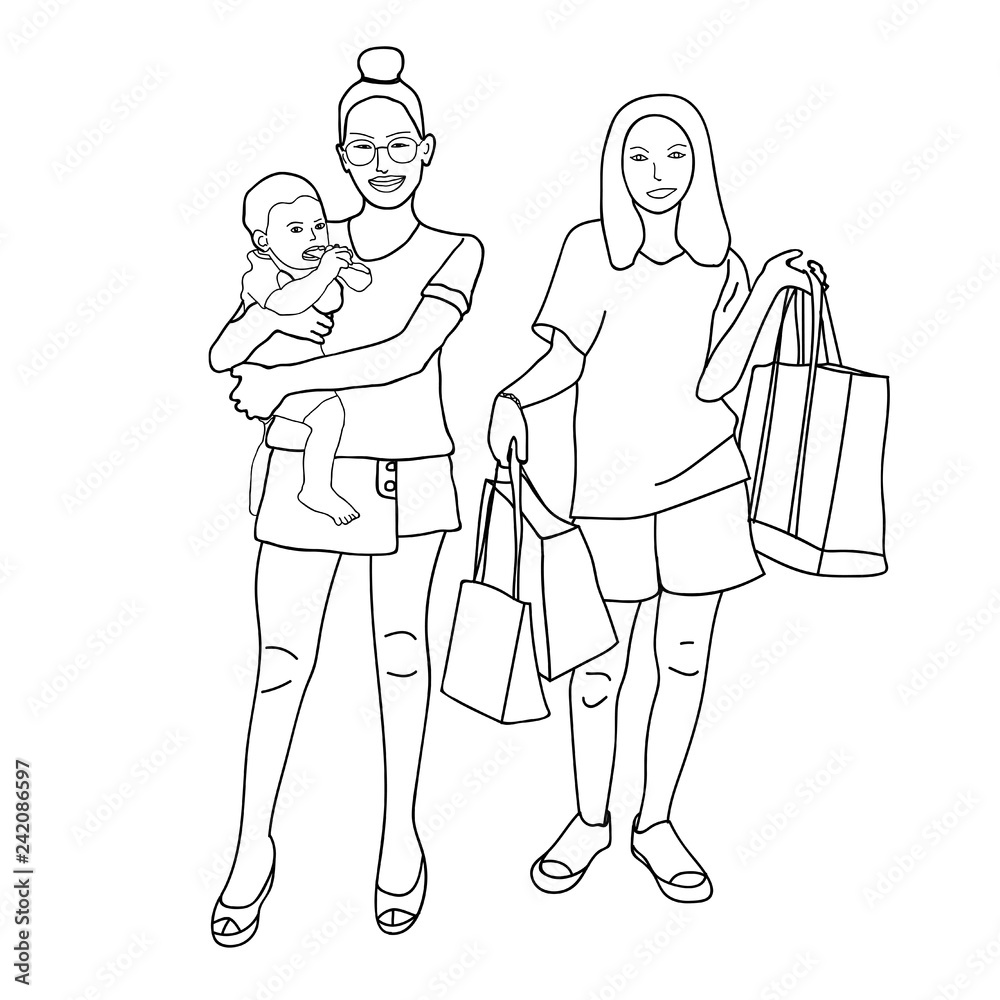 shopping bags and women and baby