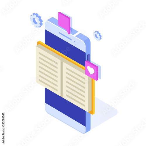 Online digital library isometric, online book shop, e-learning, eBook. Vector illustration.