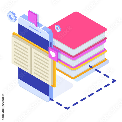 Online digital library isometric, online book shop, e-learning, eBook. Vector illustration.