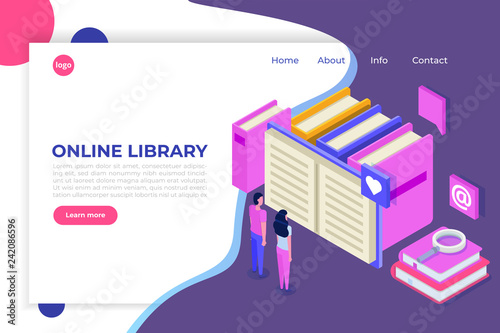 Online digital library isometric  online book shop  e-learning  eBook. Vector illustration.
