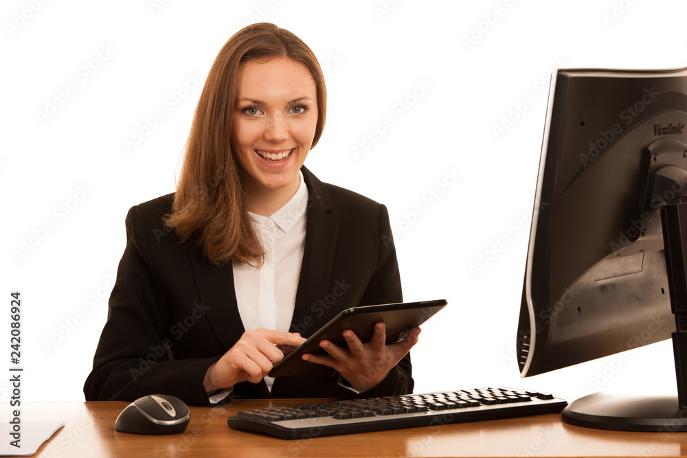 Corporate portrait of young beautiful caucasian business woman surfinh internet on tablet isolated over white background Corporate portrait of young beautiful caucasian business woman surfinh internet on tablet isolated over white background