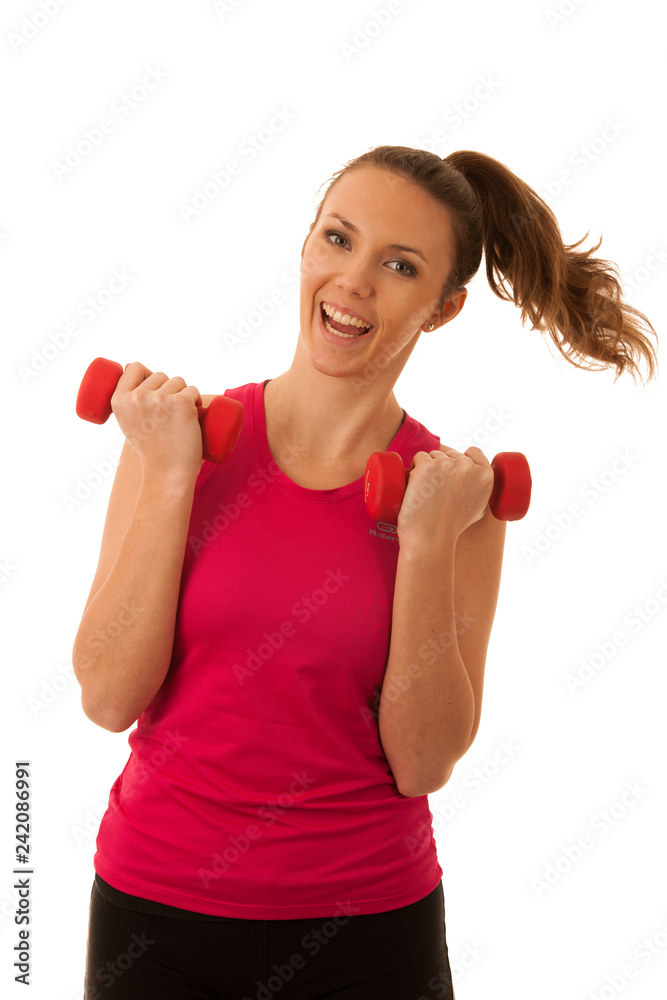 Beautiful young active fit woman workout with dumbbells isolated over white background - fitness Beautiful young active fit woman workout with dumbbells isolated over white background - fitness