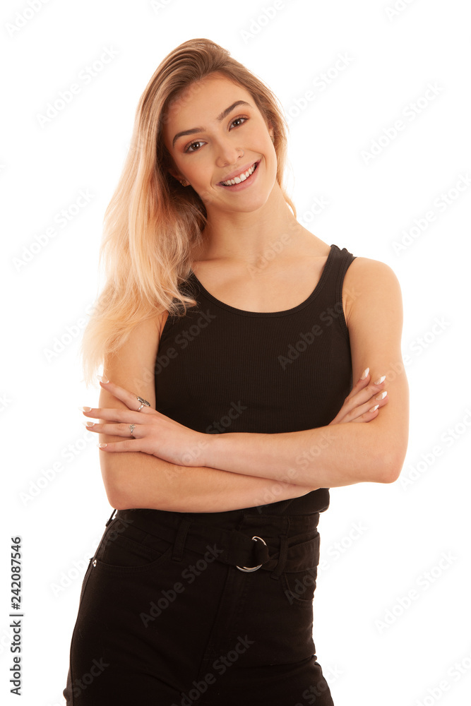 Stylish young woman in black stand isolated over white background and smile Stylish young woman in black stand isolated over white background and smile