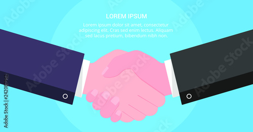 Businessmen shaking hands flat style design vector illustration with abstract rays. Success deal, partnership, greeting, handshaking agreement isolated on light blue background
