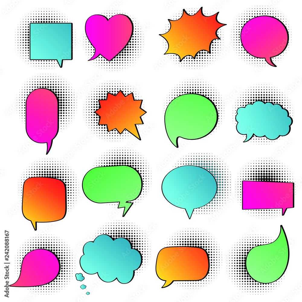 16 Speech bubbles flat gradient style design on halftone no text; love, yes, like, lol, cool, wow, boom, yes... hand drawn comic cartoon style set vector illustration isolated on white background. 16 Speech bubbles flat gradient style design on halftone no text; love, yes, like, lol, cool, wow, boom, yes... hand drawn comic cartoon style set vector illustration isolated on white background.