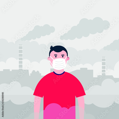 Confused kid boy in the mask against smog. Fine dust, air pollution, industrial smog protection concept flat style design vector illustration. Industrial plant pipes with huge clouds of smoke behind.