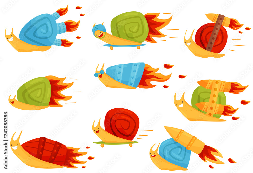 Collection of funny snails with turbo speed boosters, fast mollusk cartoon characters vector Illustration on a white background