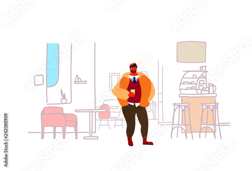 casual man drinking coffee modern cafe interior restaurant room sketch doodle horizontal