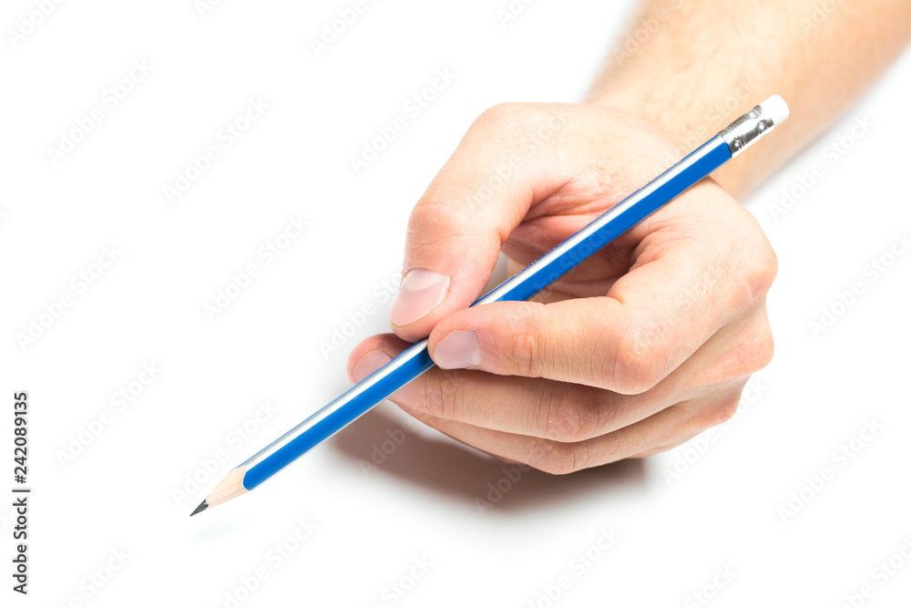 Men's hand holding wooden pencil on isolated backgroung, close up Men's hand holding wooden pencil on isolated backgroung, close up