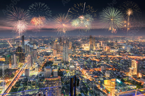 Celebration with fireworks on Bangkok city