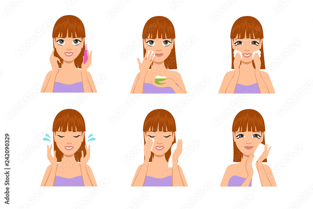 Woman skin care. Cartoon beautiful girl cleaning and washing face with water and soap after makeup. Beauty body treatment vector set. Illustration of makeup beauty for woman, soap lotion Woman skin care. Cartoon beautiful girl cleaning and washing face with water and soap after makeup. Beauty body treatment vector set. Illustration of makeup beauty for woman, soap lotion
