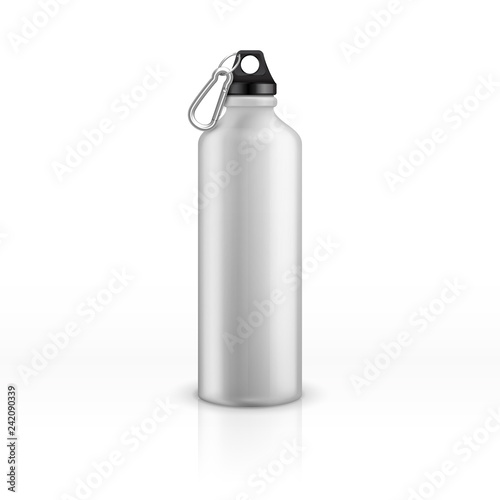 Metal water bottle. White realistic reusable drink flask. Fitness sports stainless thermos. Closeup vector isolated mockup. Container metal bottle for drink water illustration product, travel,