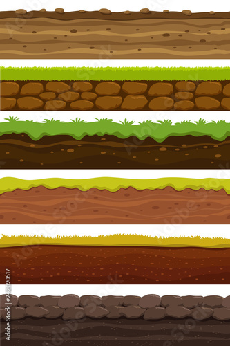 Cartoon seamless grounds. Wide landscape ground. Land and soil for ui game vector collection. Illustration of ground soil, seamless horizontal interface