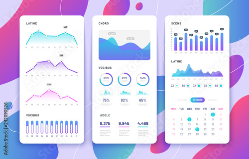 Mobile phone ui. Control panel with statistics charts, diagrams calendar. Market annual graphs. Phone app vector templates. Mobile phone ui, graph and diagram statistic illustration