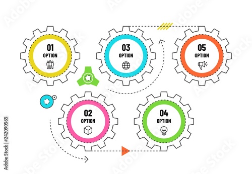 Gears infographic. Engineering timeline concept with 5 options. Workflow diagram, process flowchart vector infographics template. Process step business infographic and workflow diagram illustration