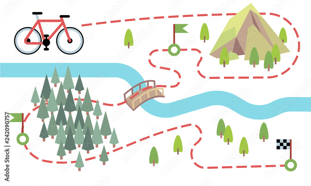 Bike route map. Cycling trip road, country path. Bike adventure tour vector  map. Illustration of adventure travel mountain and forest Stock Vector |  Adobe Stock