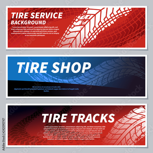 Tire tread tracks banners. Motorcycle, car and race bike dirty grunge road tire prints. Tread automobile, motor sport vector banner. Illustration of tire imprint and trail pattern