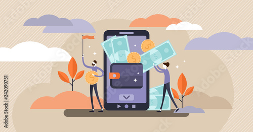 Mobile wallet vector illustration. Tiny persons concept with money transfer