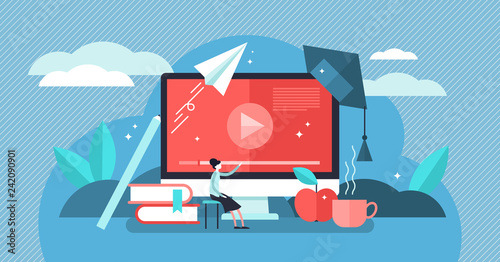 Online courses vector illustration. Flat tiny person learn virtual concept.