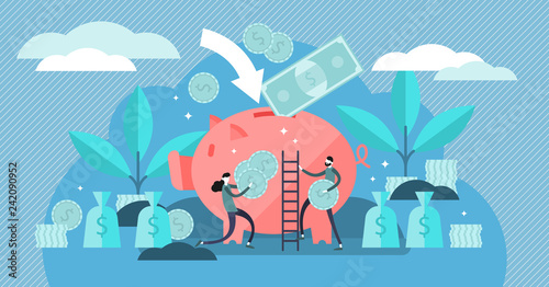 Money saving vector illustration. Flat tiny persons concept with piggy bank