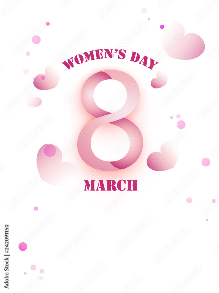 8 March Happy Women's Day greeting card design decorated with hearts. 8 March Happy Women's Day greeting card design decorated with hearts.