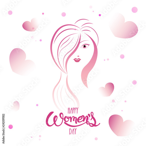 Beautiful woman face with tiny hearts illustration on white background Happy Women s Day celebration greeting card design.