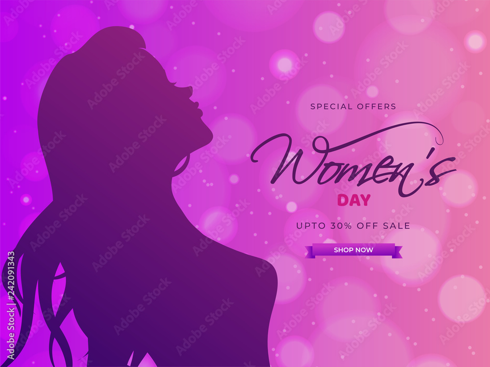 Women's day celebration template or flyer design with beautiful woman face and 30% discount offer on purple bokeh background. Women's day celebration template or flyer design with beautiful woman face and 30% discount offer on purple bokeh background.
