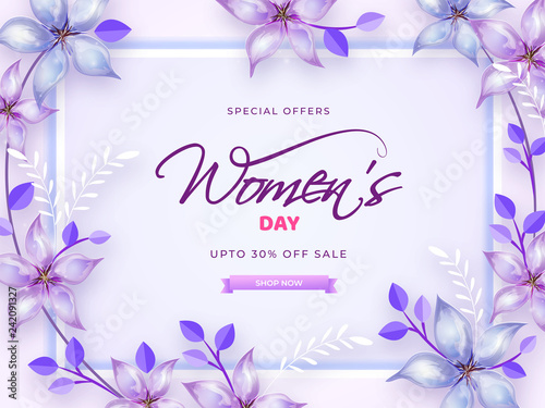 Beautiful poster or template design decorated with flowers and 30  discount offer for women s day celebration.