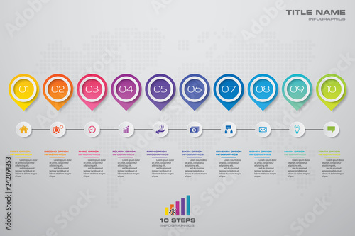 10 steps timeline infographic element. 10 steps infographic, vector banner can be used for workflow layout, diagram,presentation, education or any number option. EPS10.