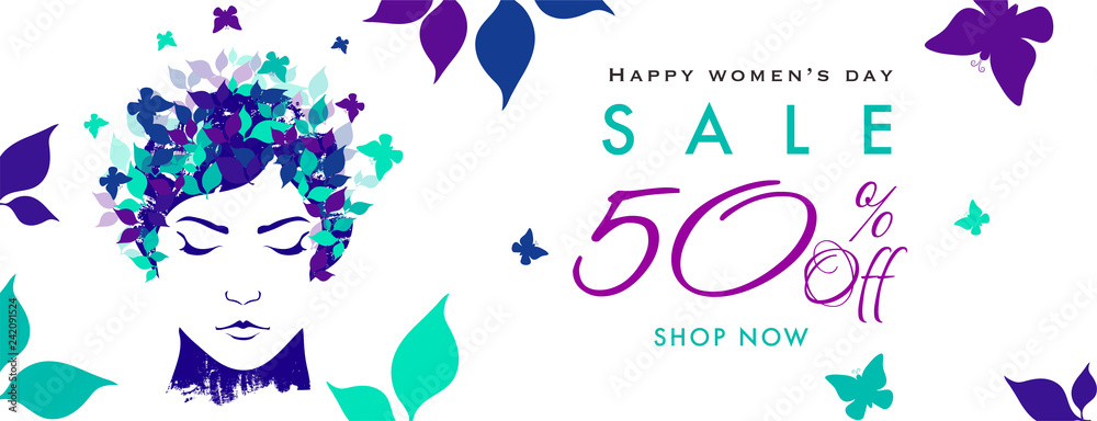 Women's Day sale banner design with 50% discount offer and illustration of beautiful woman face.