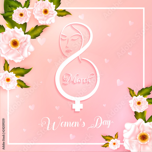 Pink greeting card design decorated with flowers for Women's Day celebration concept.