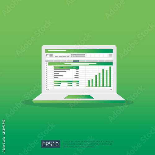 SEO data analytic, spreadsheet on screen. business finance analysis audit with graphs charts. Return on investment ROI concept. increase profit stretching rising up. office things vector illustration.