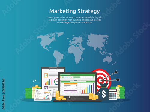 marketing strategy spreadsheet on screen. business finance analysis audit with graphs charts. Return on investment ROI concept. increase profit stretching rising up. banner template illustration.