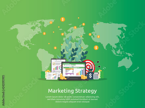 marketing strategy spreadsheet on screen. business finance analysis audit with graphs charts. Return on investment ROI concept. increase profit stretching rising up. banner template illustration.