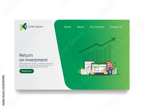 SEO data analytic, spreadsheet on screen. business finance analysis audit with graphs charts. Return on investment ROI concept. increase profit stretching rising up. flat style web landing page.