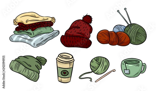 Cozy hygge sticker doodles. Cute stickers. Plaids, yarn, coffee. knittinhg, cap, hat