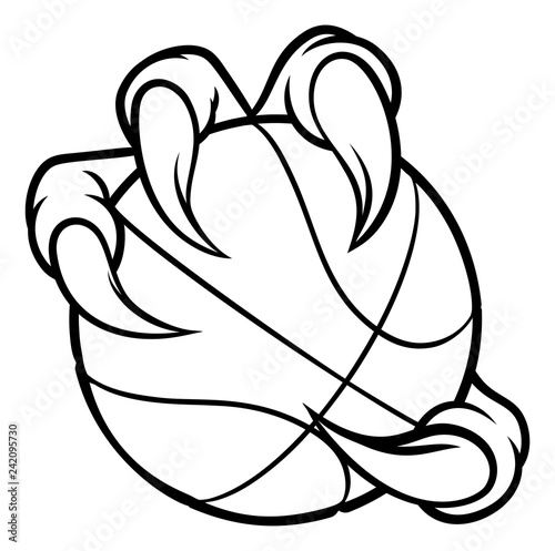 Eagle, bird or monster claw or talons holding a basketball ball. Sports graphic.