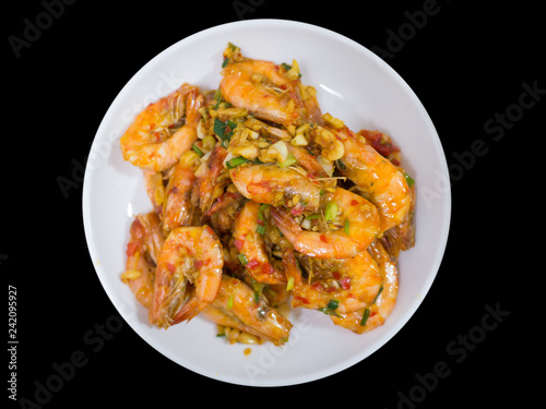 deep fried stir shrimp with chili and garlic on white dish